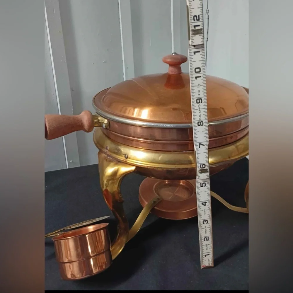 Vtg Copper & Brass Chafing Dish / Fondue Set w/ Burner, Lid & Handle  Tableware